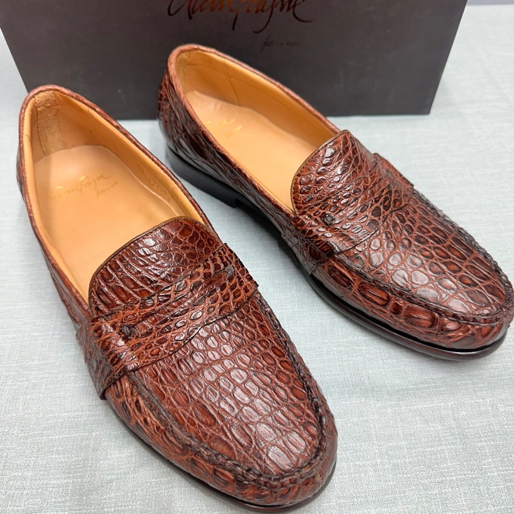 Alan Payne Franco Genuine Crocodile Loafers Mens 10 Honey Brown Dress Shoes Box